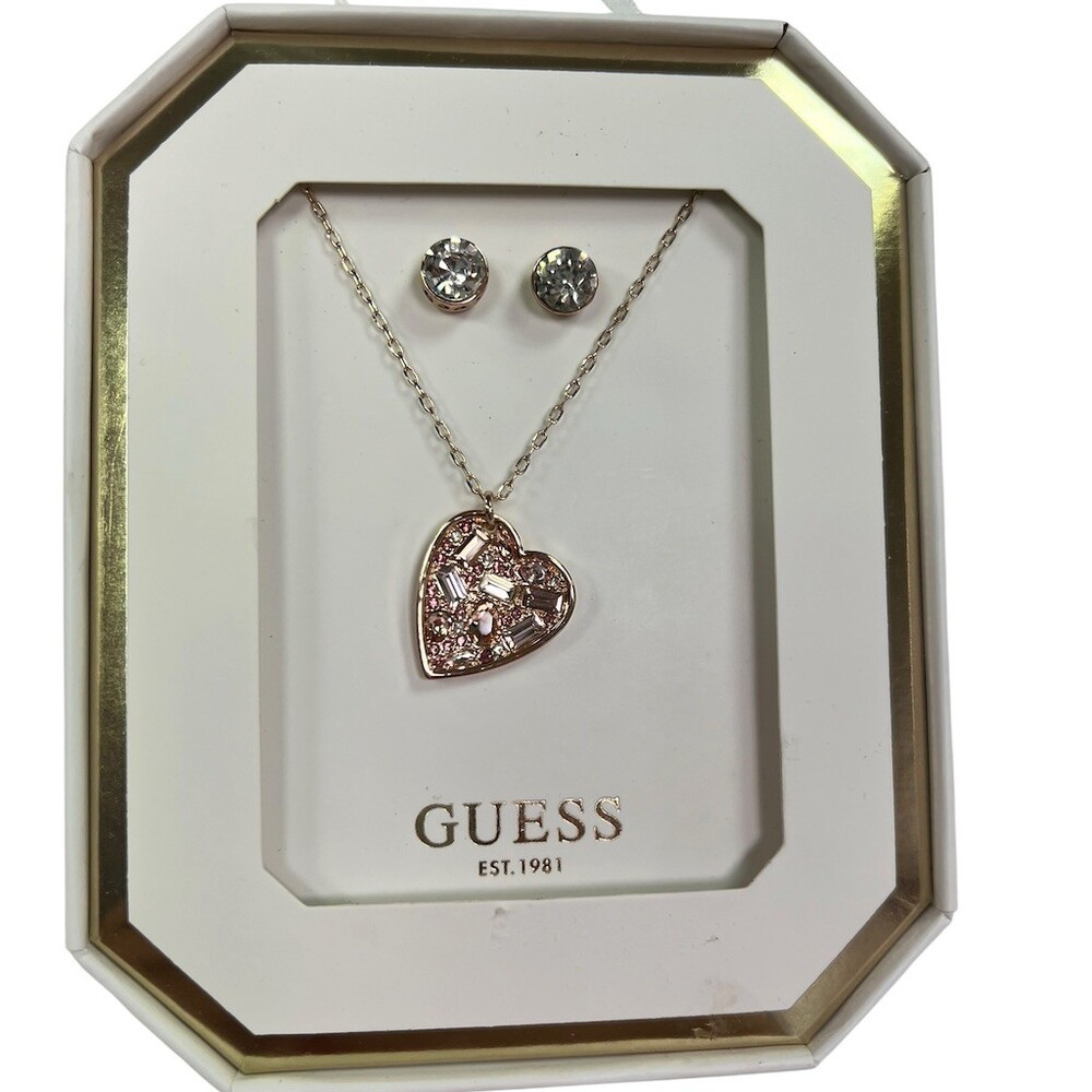 GUESS Heart Pendant Necklace & Crystal Stud Earrings Set w/ Gift Box Pink